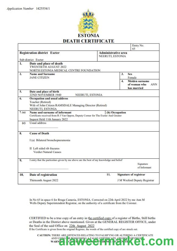 Estonia death certificate Word and PDF template